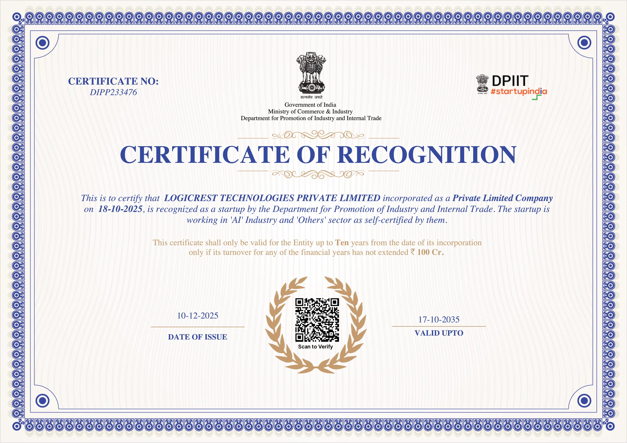 DPIIT Certificate of Recognition